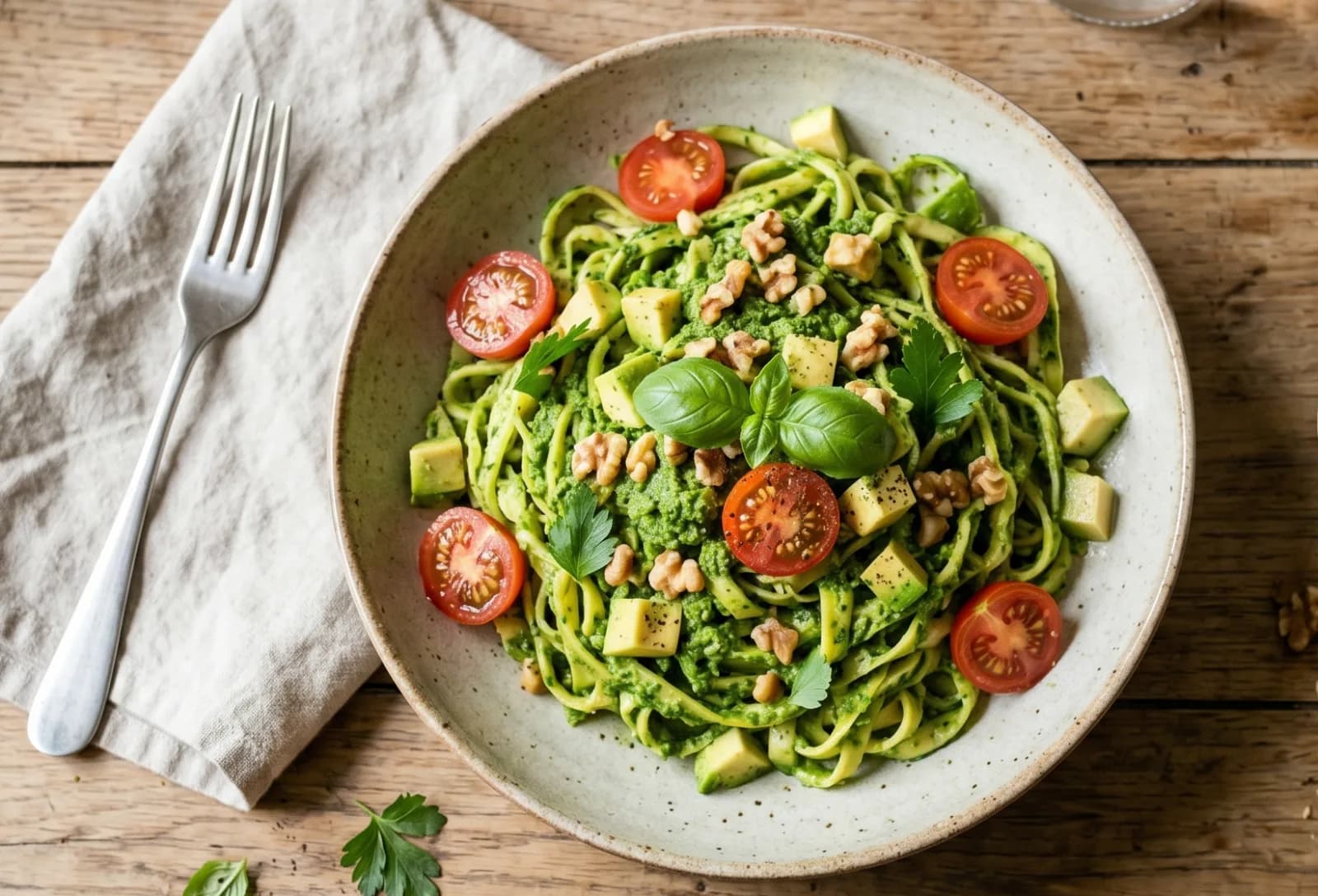Tagliatelles de courgette au pesto de fanes de carottes et noix