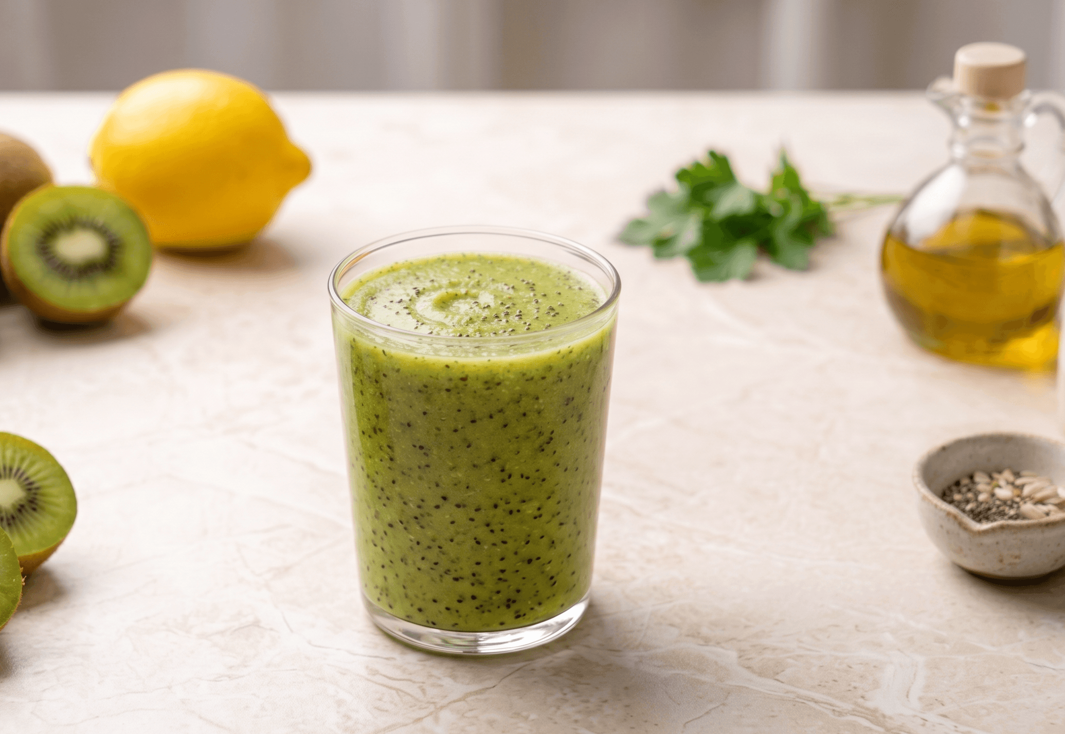 Smoothie kiwi, citron, lin, chanvre et chia